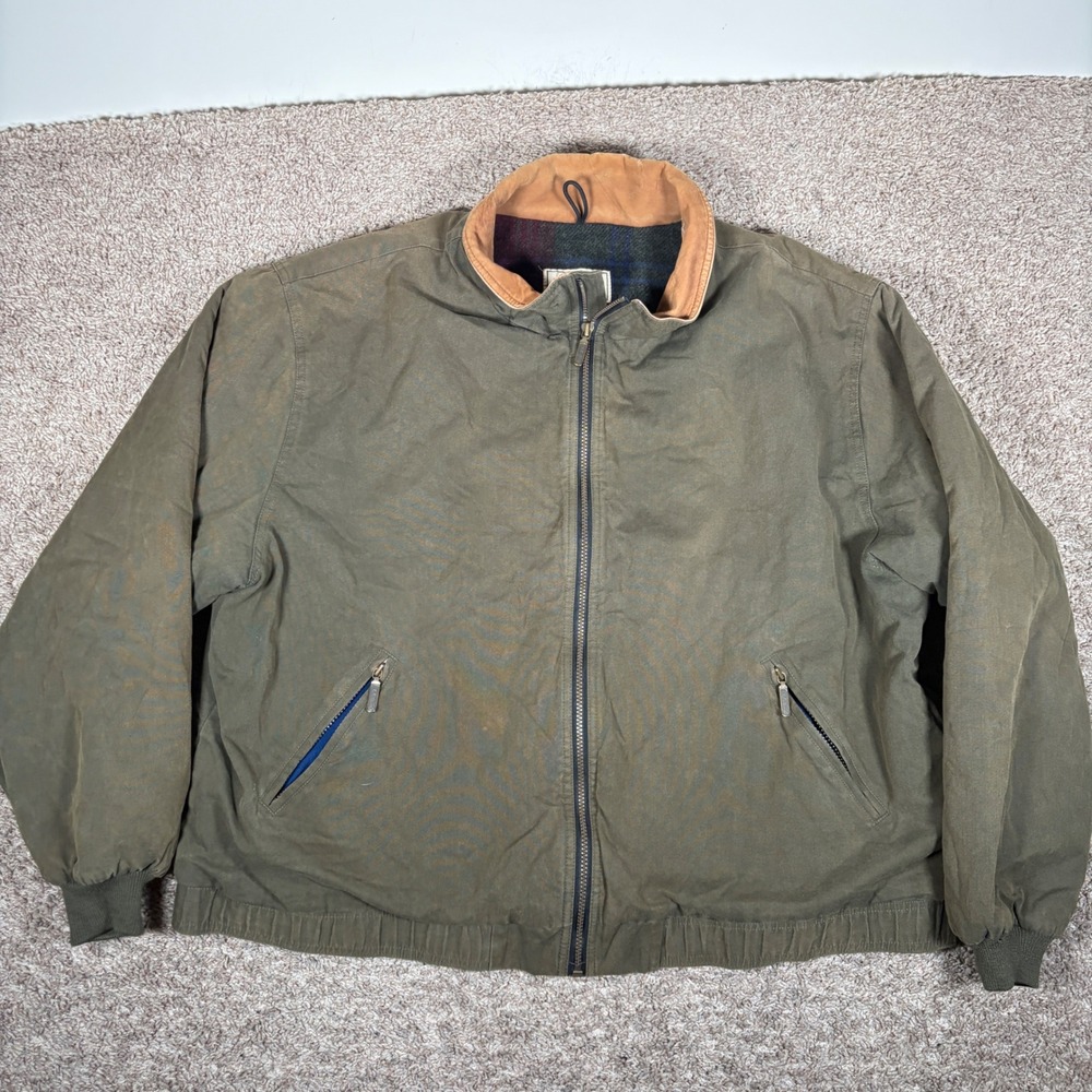 LL Bean Mens Tall XXL Olive Green Canvas Wool Lined Bomber Jacket Workwear Barn